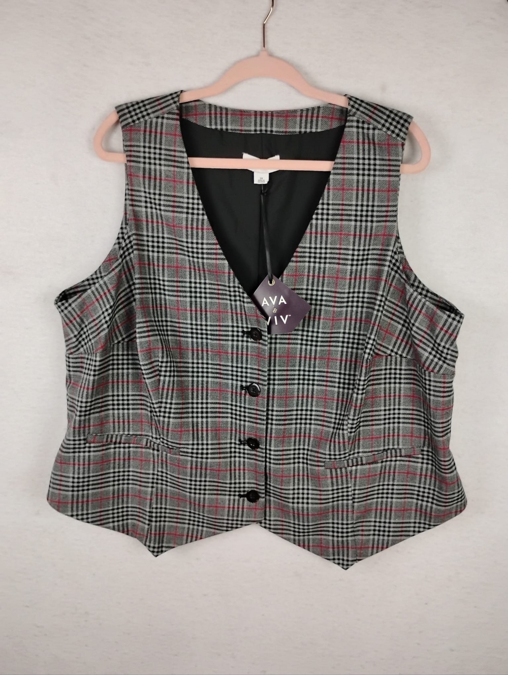 New Ava & Viv Plaid Vest in Black, Gray & Red Combo Size Women's 2X - Picture 2 of 5